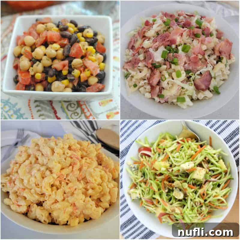 Collage of BBQ Sides with corn salad, blt salad, mac salad, and broccoli slaw