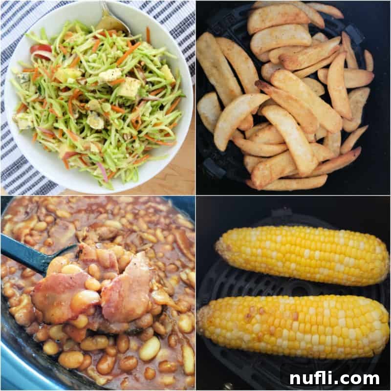 Over 30 Essential Sides for Burger Enthusiasts 2 A collage featuring diverse burger sides like crisp broccoli slaw, golden French fries, hearty baked beans, and sweet corn on the cob, all perfect pairings for hamburgers and cheeseburgers.