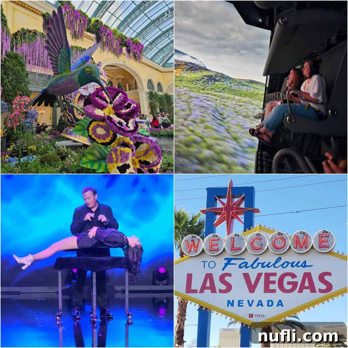 Collage of unique things to do in las vegas with flower gardens, flyover las vegas, nathan burton magic show, and the vegas sign