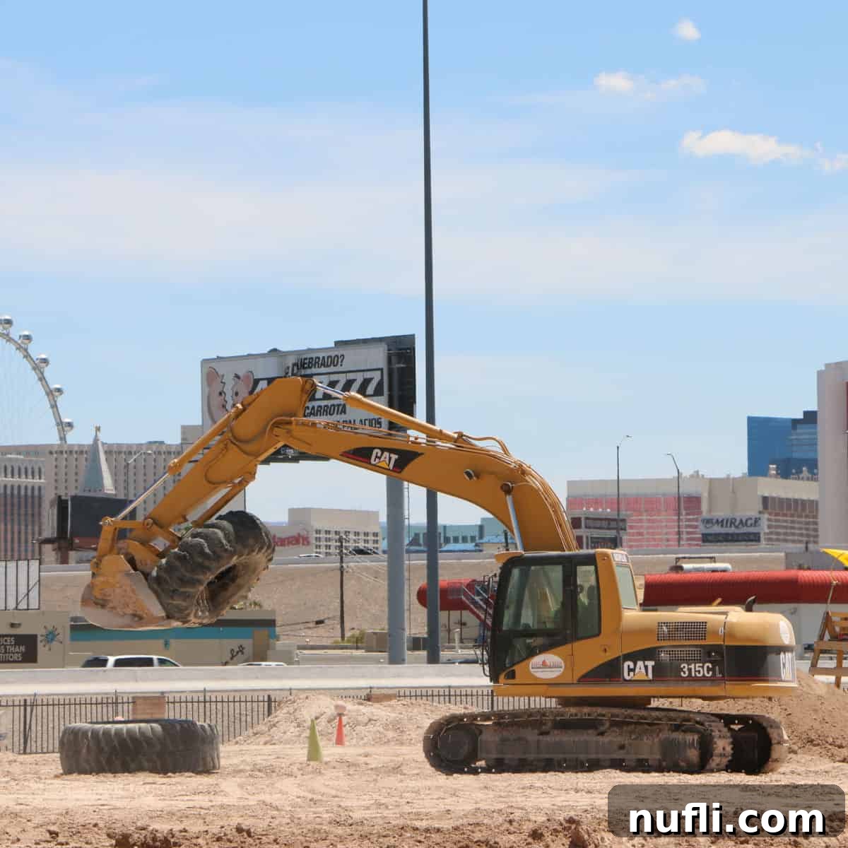Excavator holding up a tire with the High Roller in the background