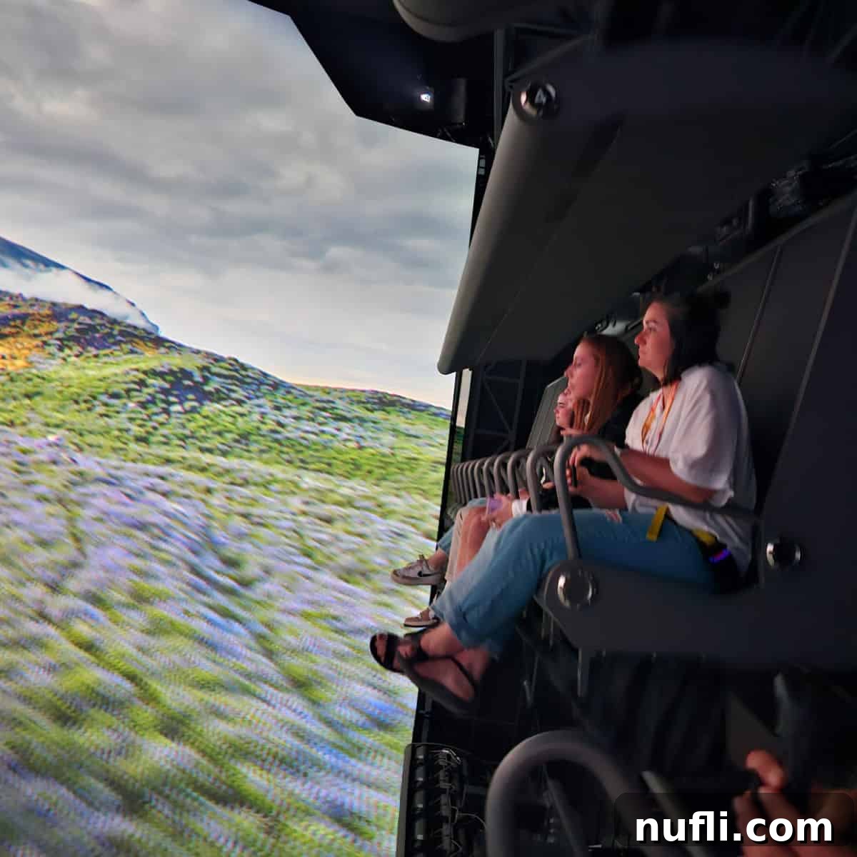 Green and purple fields in the background with the Flyover movie experience people sitting in seats over the screen