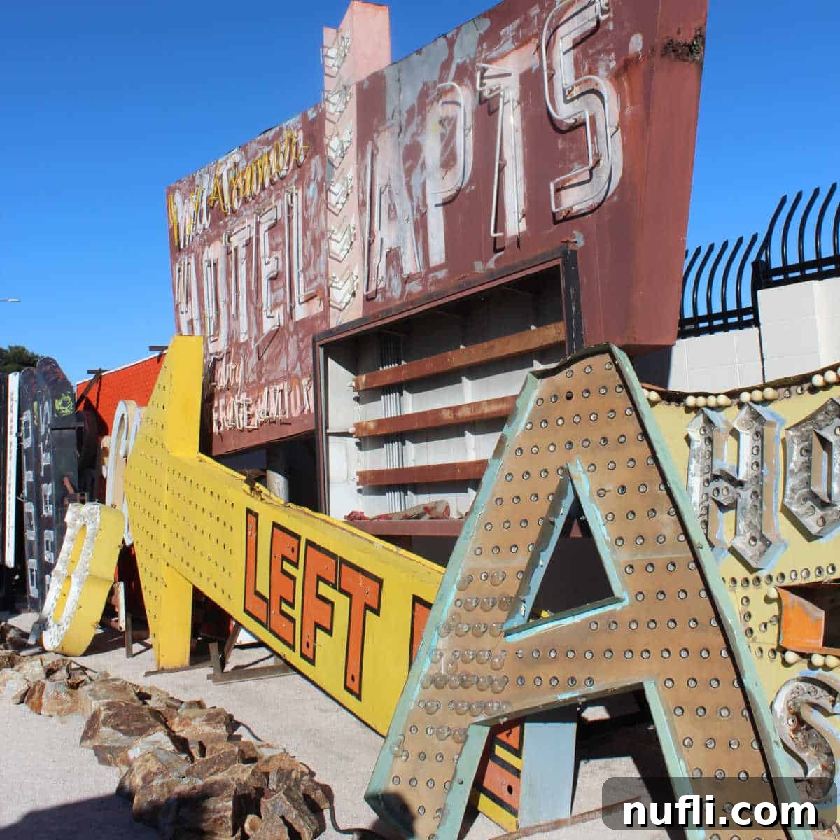 Neon Lights including a yellow left arrow, A, and hotel and apt sign piled next to each other