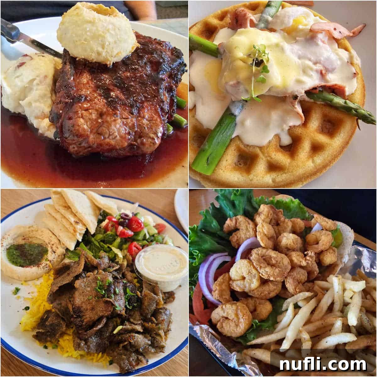 Collage of 4 photos with a steak, waffle, gyro plate, and shrimp po'boy showcasing diverse Ridgeland cuisine