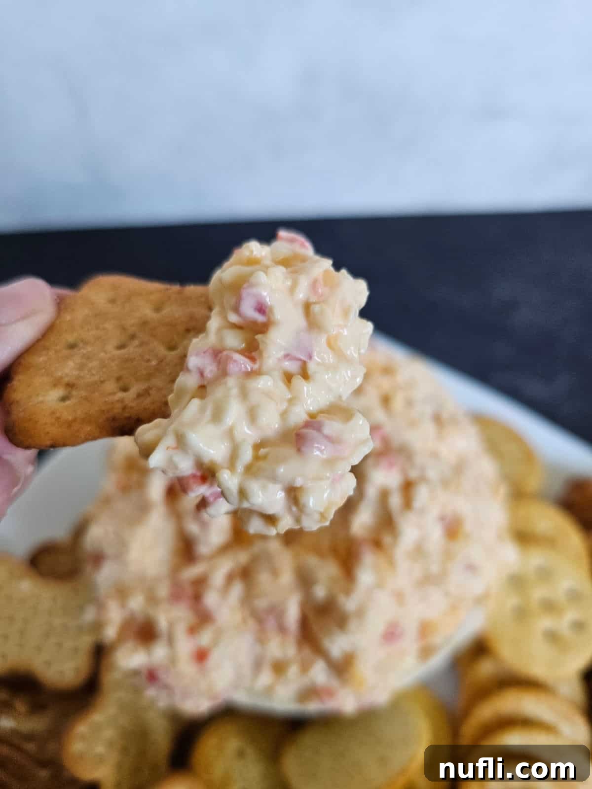 Pimento cheese on a cracker being held above a bowl of cheese and plate of crackers