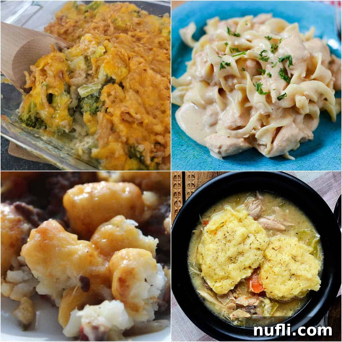 Collage of food photos with broccoli casseroe, chicken stroganoff, tater tot casserole, and chicken dumpling