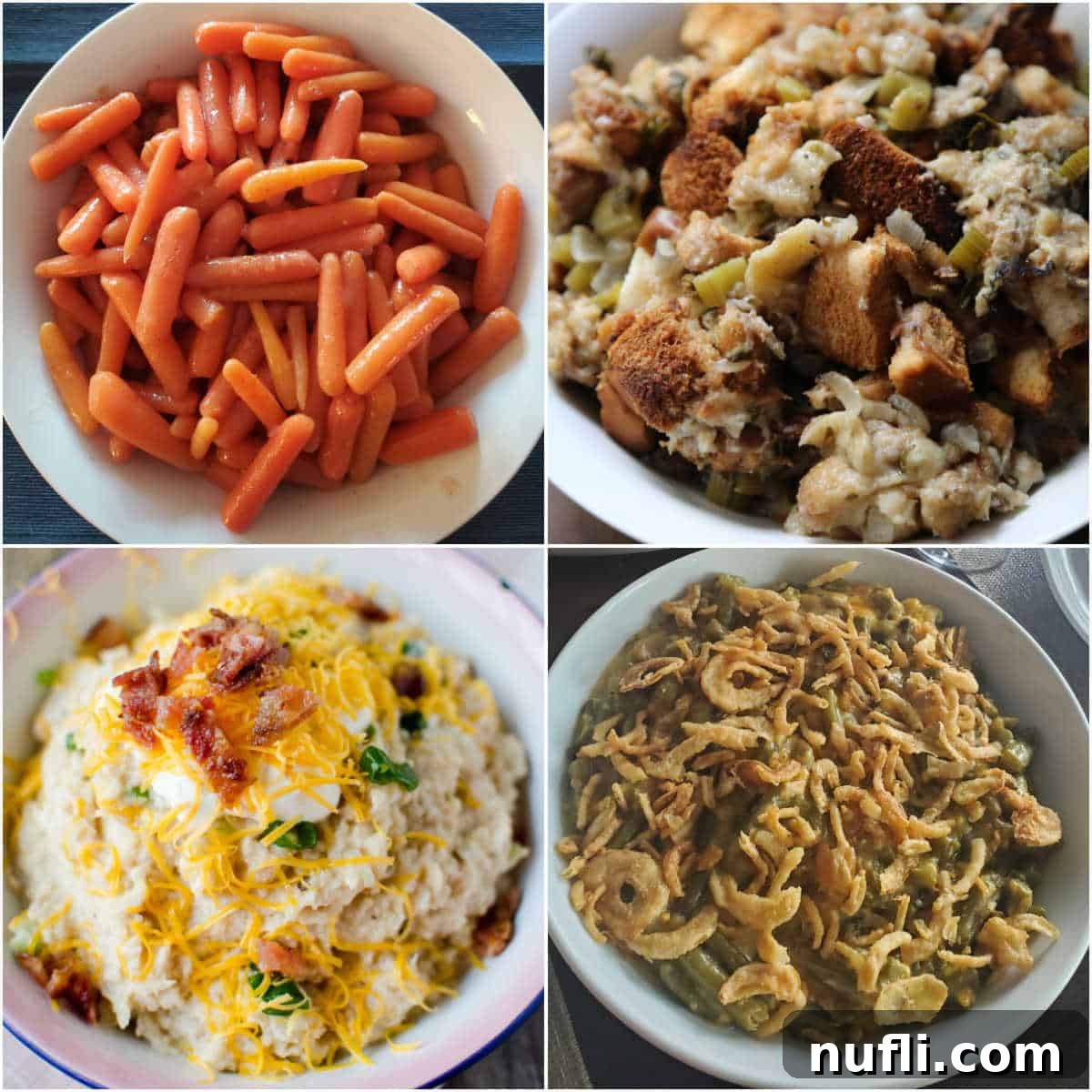 A collage featuring four mouth-watering slow cooker side dishes: savory glazed carrots, classic holiday stuffing, rich loaded cauliflower, and vibrant green beans, all prepared in a CrockPot.
