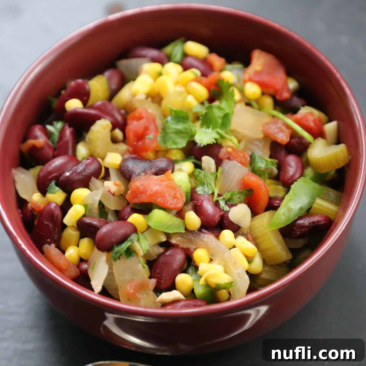 Hearty CrockPot Vegetable Chili, rich with beans and colorful vegetables, served in a vibrant red bowl.