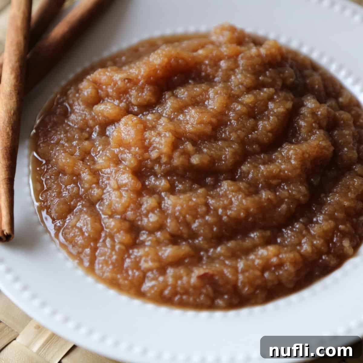 Homemade Crockpot applesauce in a white bowl, garnished with cinnamon sticks, offering a comforting aroma.