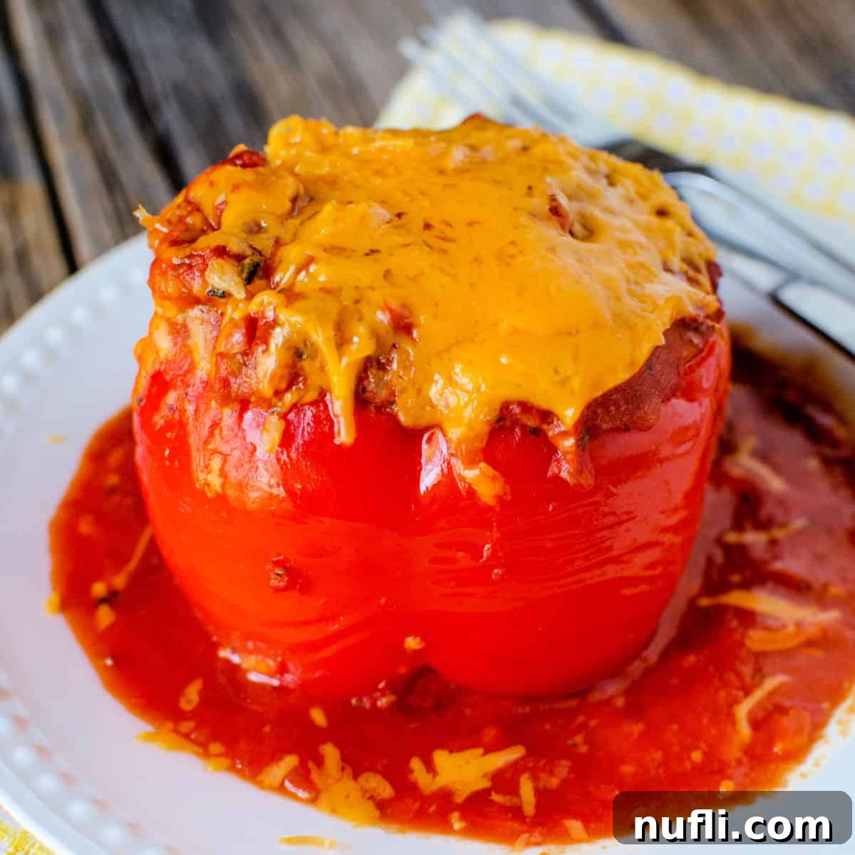 A savory Crockpot Stuffed Pepper, topped with melted cheese, served on a white plate with a fork.