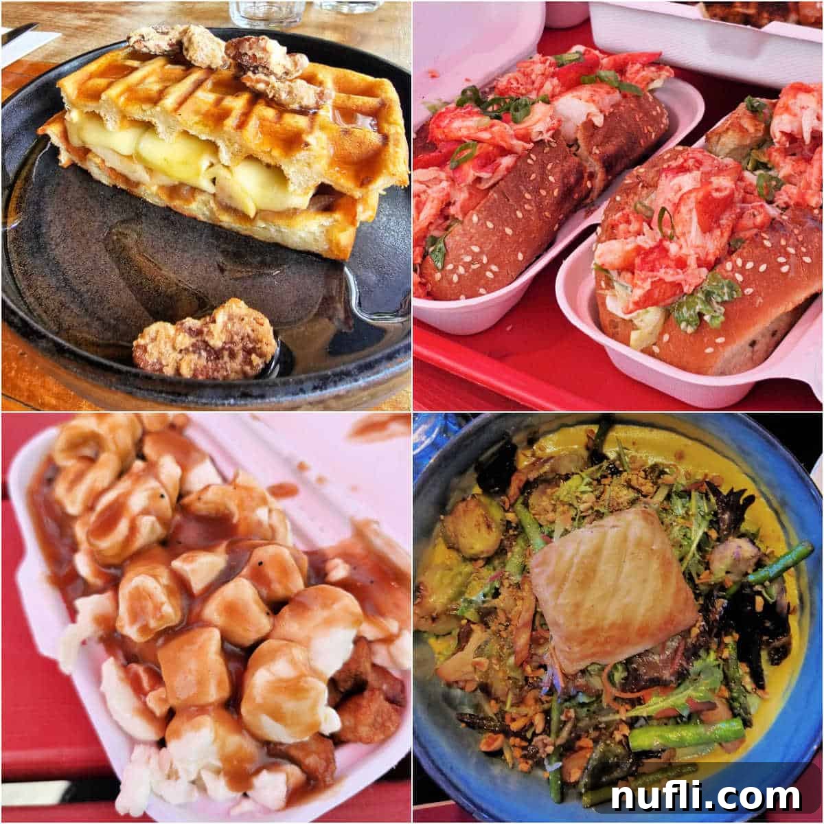 A vibrant collage showcasing Quebec's diverse culinary scene, including a gourmet waffle grilled cheese, delectable lobster rolls, classic poutine, and a rich goat cheese encroute