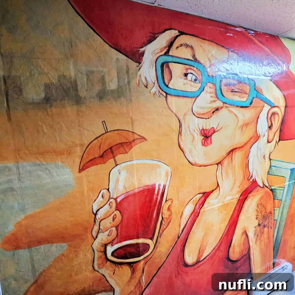 A whimsical wall art piece depicting an older woman enjoying a drink with an umbrella on the beach, adding a fun touch to the brewery's interior