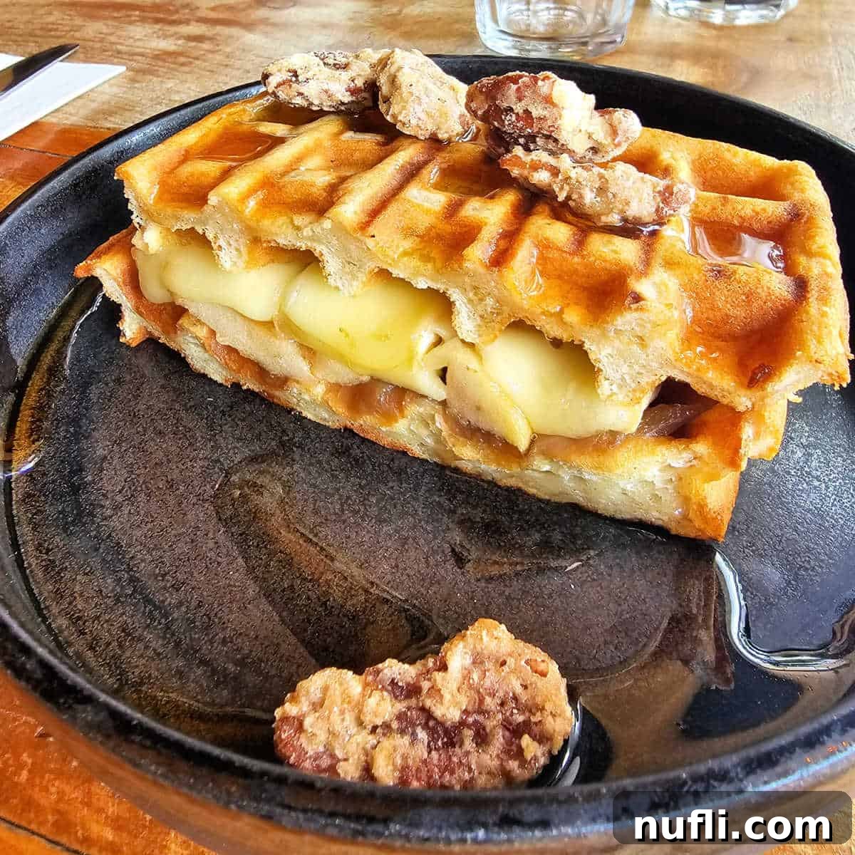 A perfectly prepared waffle and cheese sandwich, adorned with candied pecans, highlighting its gourmet appeal