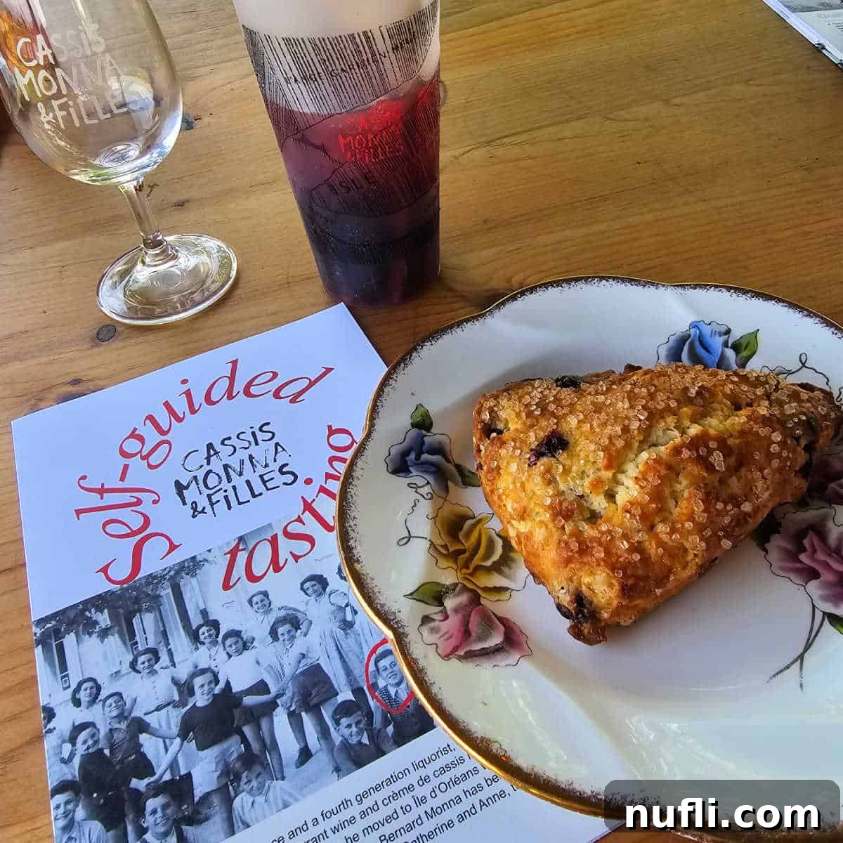 A self-guided tasting sheet from Cassis Monna & Filles, accompanied by a plate featuring a blackcurrant scone and a glass of refreshing sangria