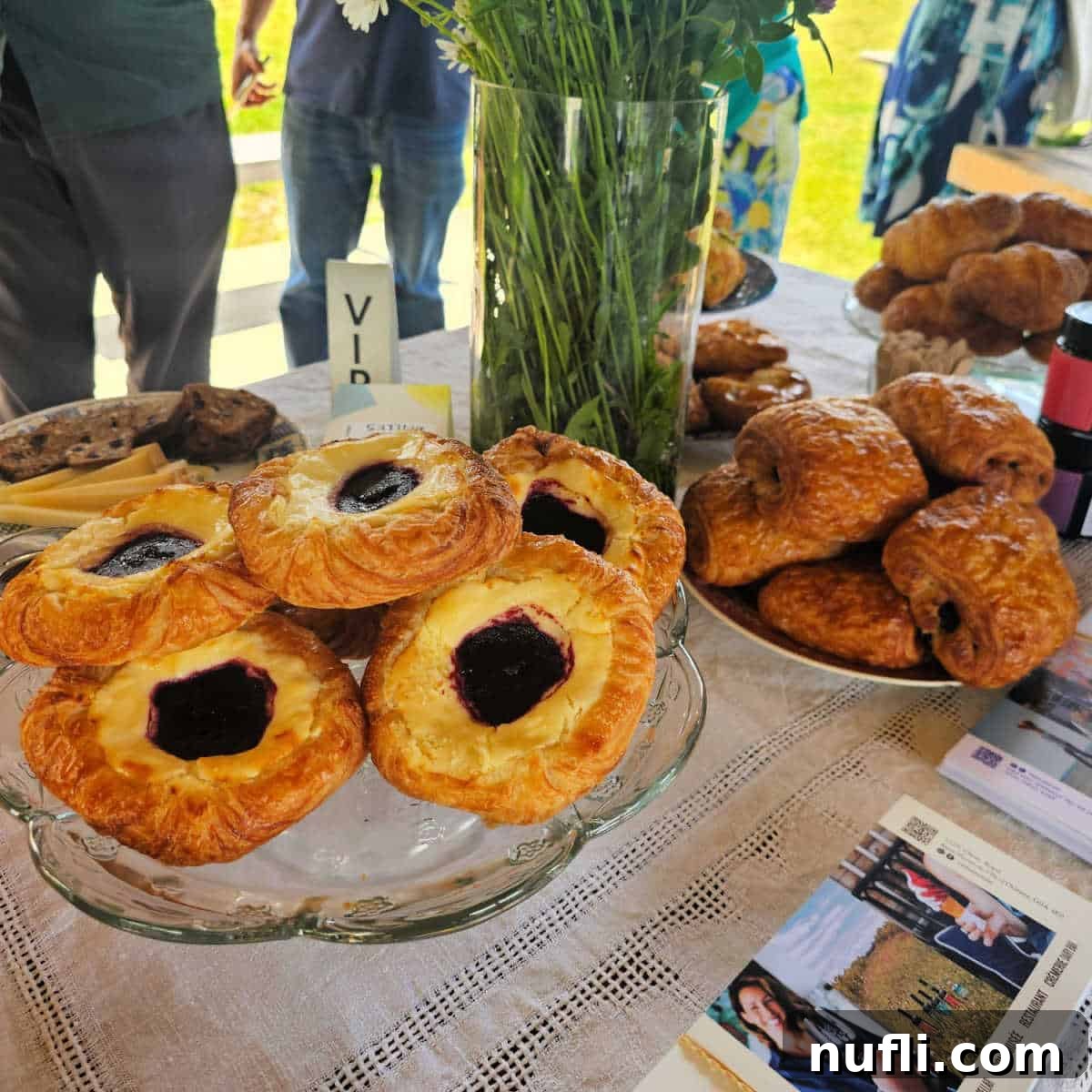 An inviting display of assorted pastries on a table, alongside information about La Midinette bakery