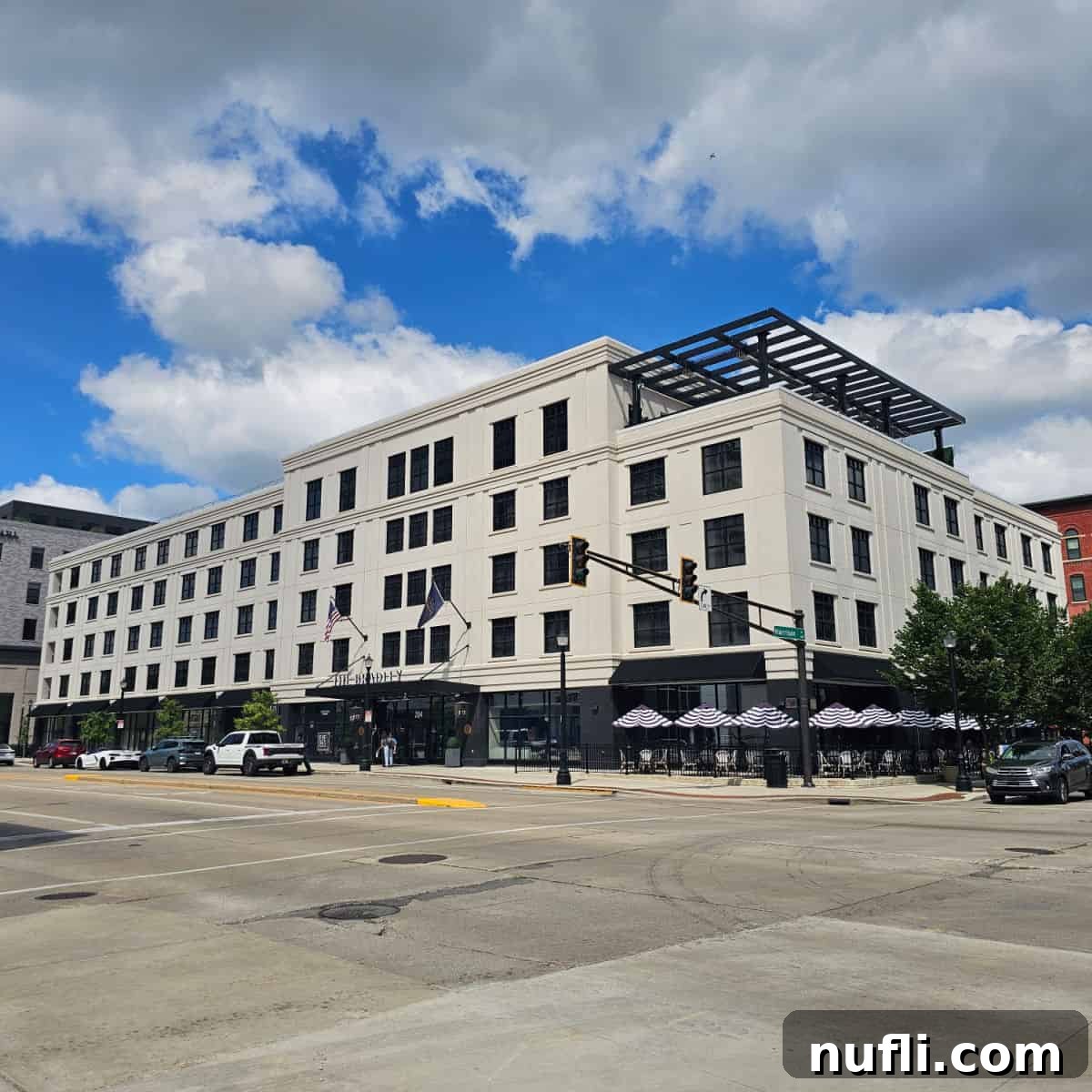 Exterior of the Bradley Hotel with rooftop bar