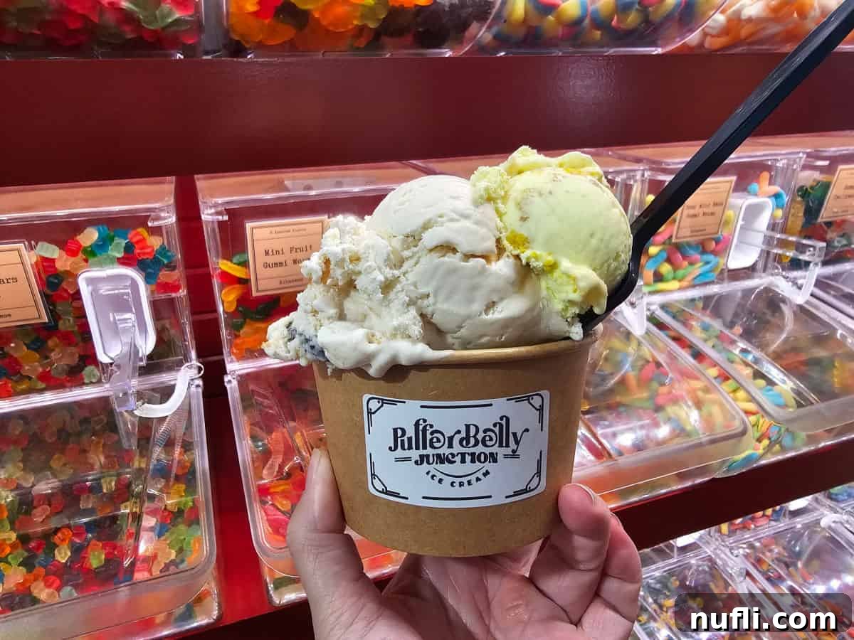 scoops of ice cream in a puffer belly junction ice cream cup in front of candy baskets