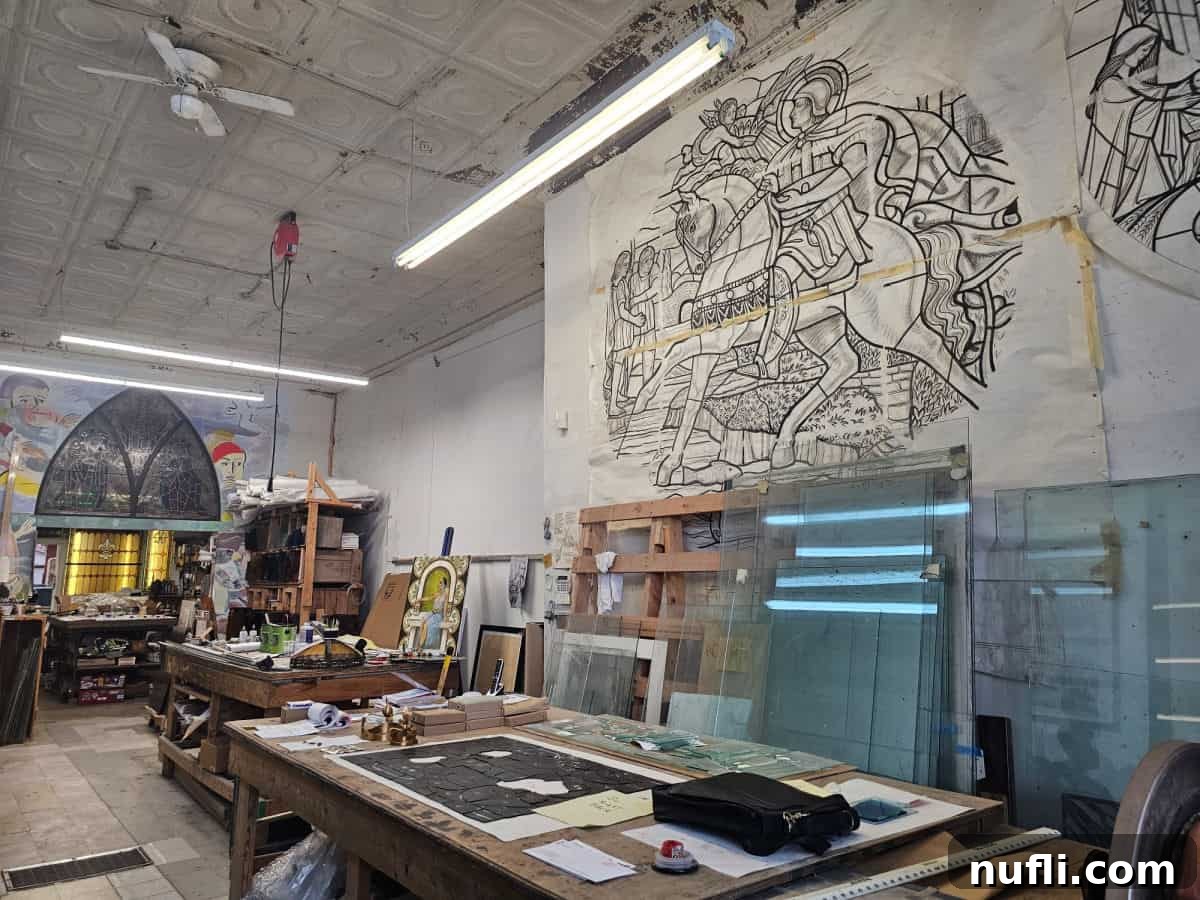 stained glass drawings on the wall above glass work being done on a table at Lumpkin Designs