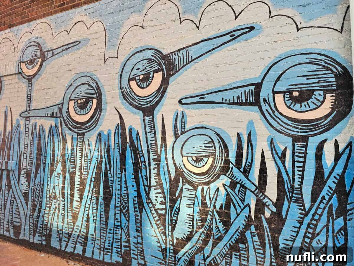 Blue bird mural with blue grass