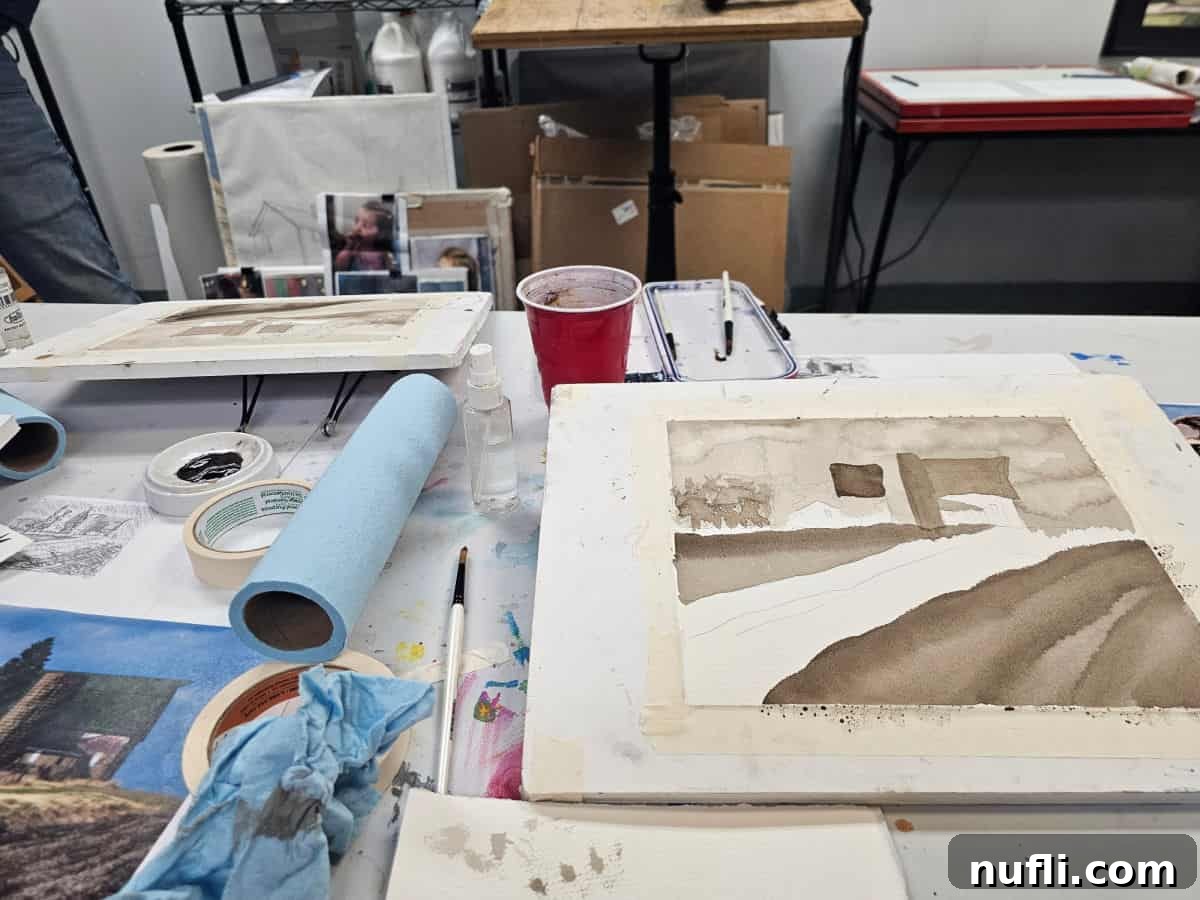 watercolor canvas on a table with paints and towels