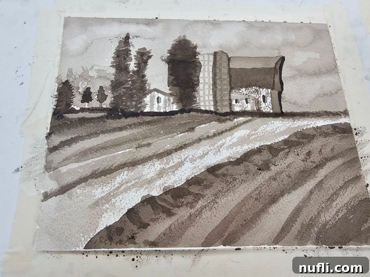 barn watercolor on a paper canvas