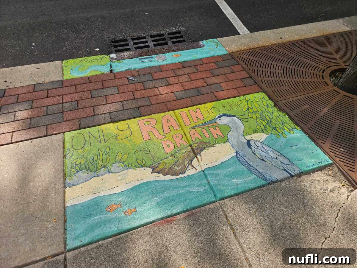Only Rain in the drain mural with a great blue heron