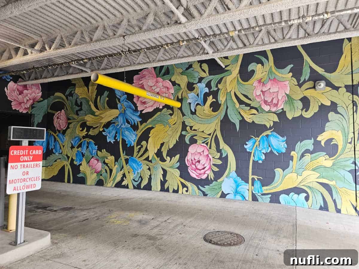 floral mural in a parking garage