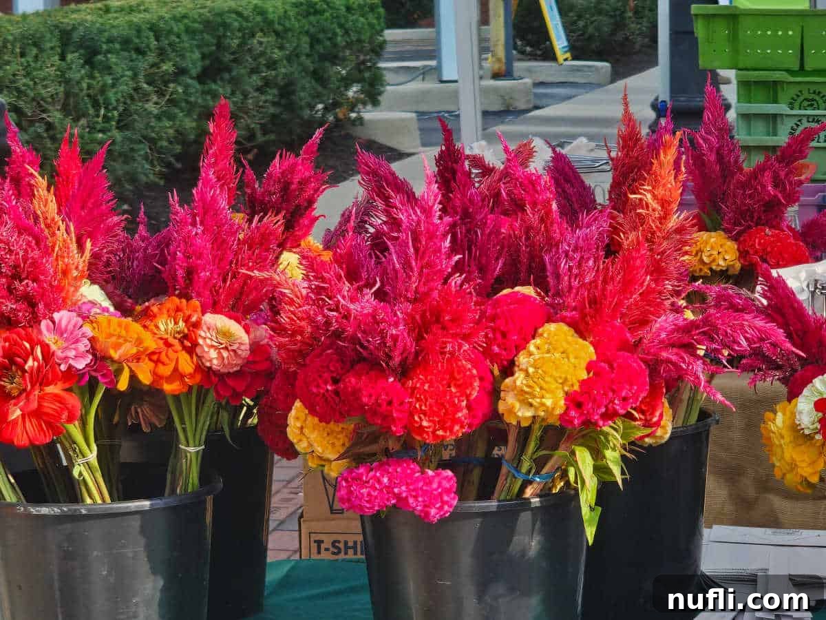 Bright red, orange, and yellow flowers in buckets at the Fort Wayne Farmers Market