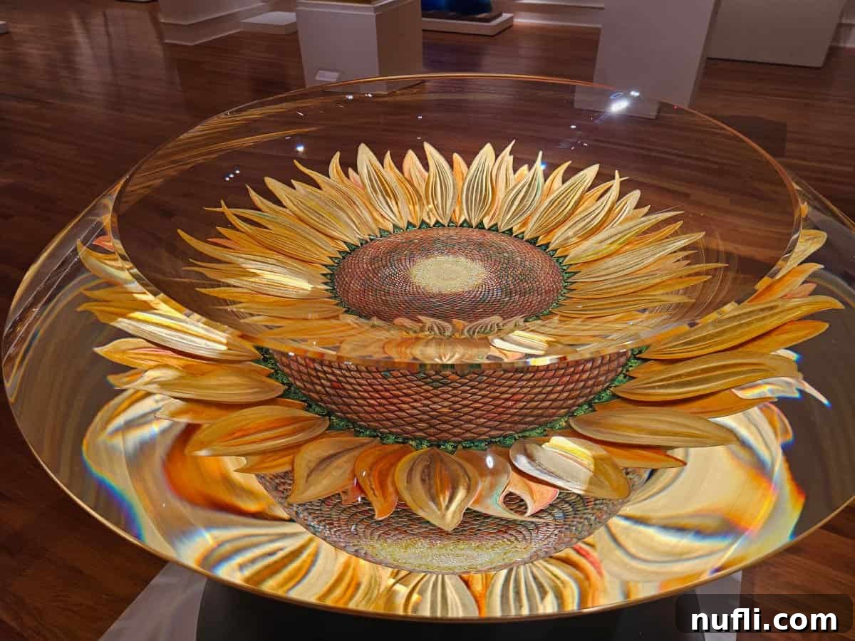 Sunflower painted in glass wtih multiple reflections