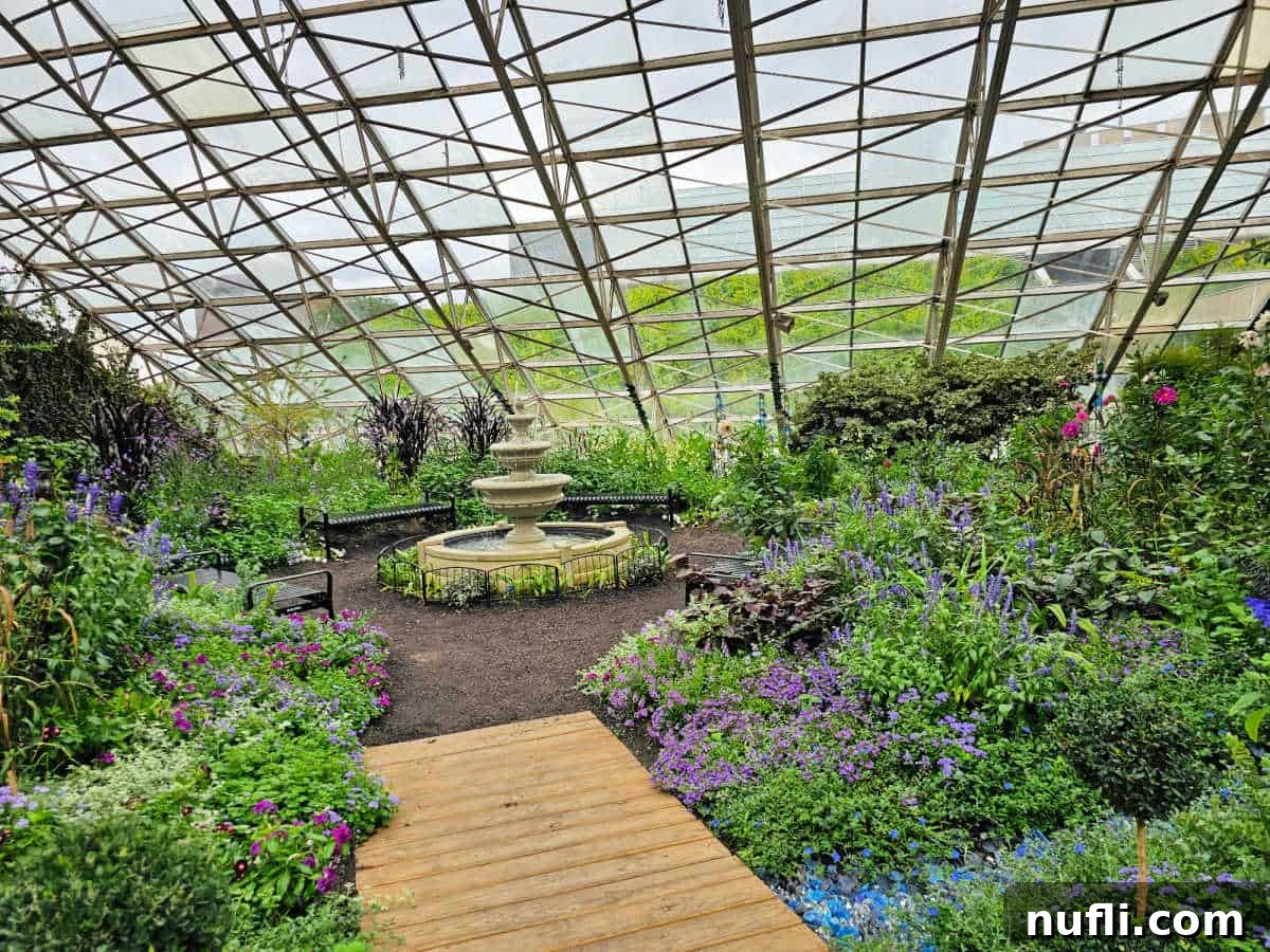 Glass conservatory with blue and purple flowers and lots of plants by a fountain
