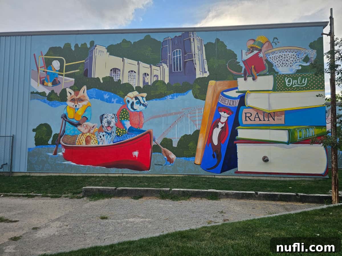 Large building mural with a red canoe and wildlife in the canoe, stack of books with wildlife and fort wayne buildings