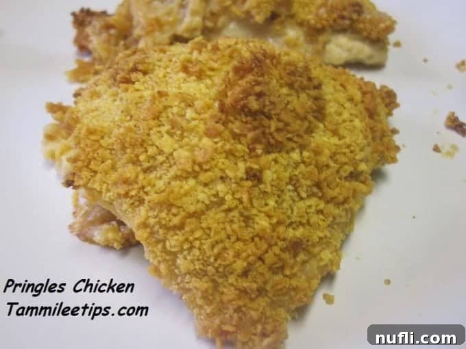 Pringles Crusted Chicken 2 Pringles Chicken by Tammilee Tips text next to a piece of chicken covered in pringles