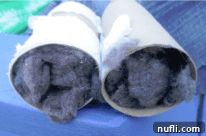 Dryer Lint Toilet Paper Roll Fire Starters Close-up of toilet paper rolls stuffed with dryer lint, ready to be used as fire starters