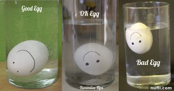 Reference guide for egg float test: good, ok, bad egg positions