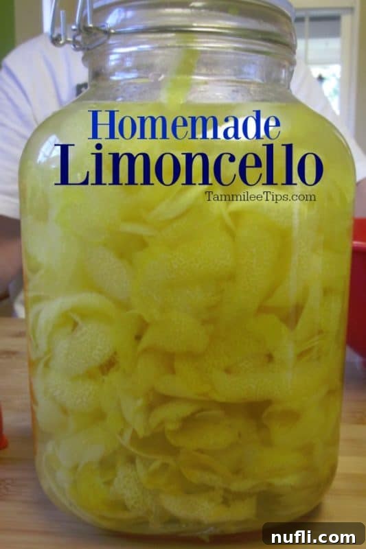 Zesty Homemade Limoncello 2 Homemade lemoncello in a large container