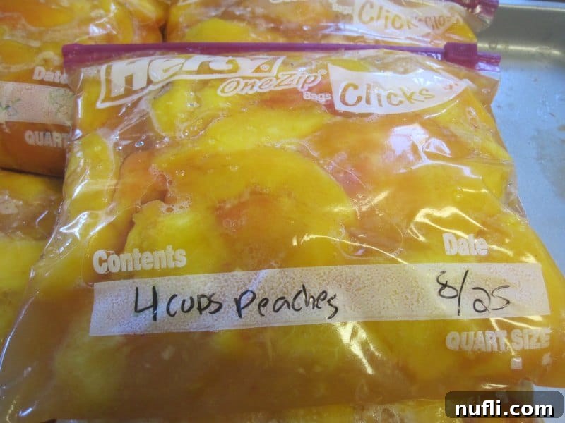 Frozen peach slices neatly packed into a Ziploc freezer bag, ready for long-term storage.