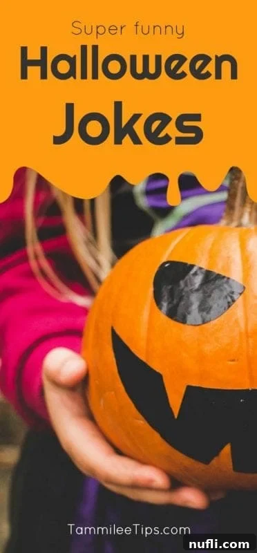 Super funny Halloween jokes over a hand holding a pumpkin