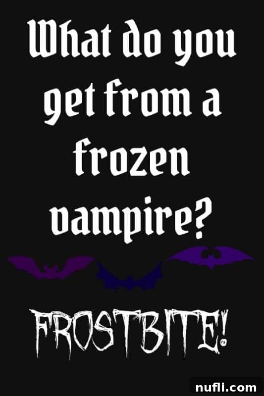 100+ Spooktacular Halloween Jokes 3 A spooky image featuring a close-up of a vampire's fangs with ice on them, on a dark background with bats, illustrating the joke: What do you get from a frozen vampire...Frostbite.