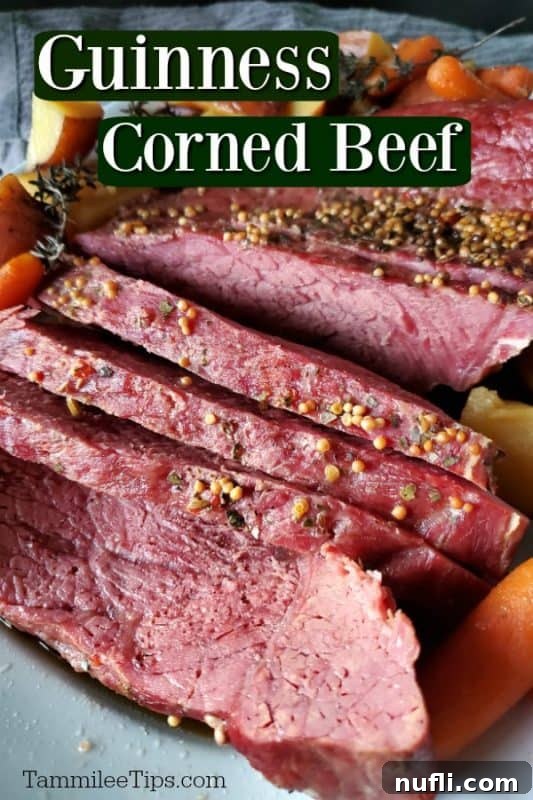 The Ultimate Guinness Corned Beef Recipe 2 Delicious Guinness Glazed Corned Beef, beautifully sliced and served with roasted red potatoes and carrots on a white platter