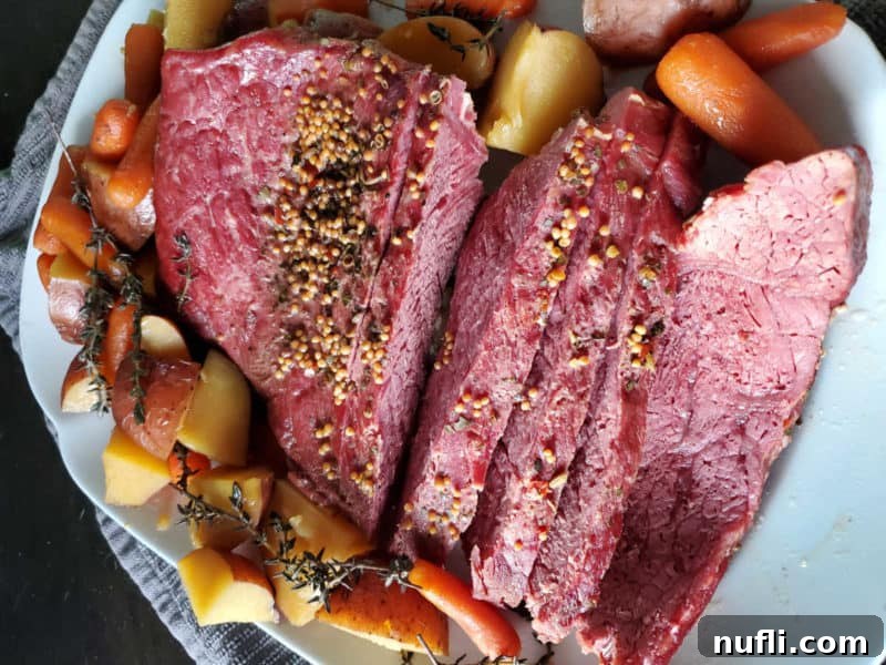The Ultimate Guinness Corned Beef Recipe 3 Perfectly sliced Guinness Corned Beef adorned with fresh herbs, accompanied by tender carrots and potatoes