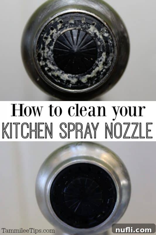 Before and after comparison of a dirty kitchen spray nozzle and a sparkling clean nozzle after treatment.