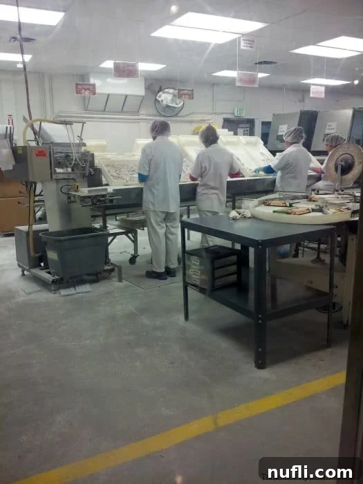 Workers on the Aplets & Cotlets factory floor, actively producing the famous candies.