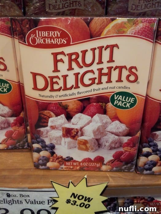Boxes of Liberty Orchards Fruit Delights, featuring a variety of fruit-flavored candies.