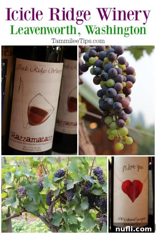 A collage of beautiful photos showcasing Icicle Ridge Winery, including vineyards, wine bottles, and the log home exterior.