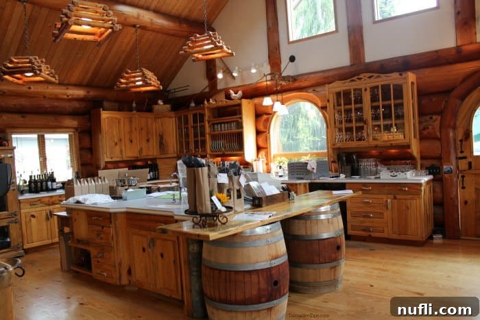 The inviting interior of Icicle Ridge Winery, showcasing neatly stacked wine barrels, various bottles on a tasting counter, and elegant decor.
