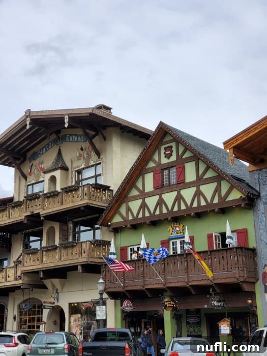 Leavenworth's Bavarian buildings with intricate details and vibrant colors.