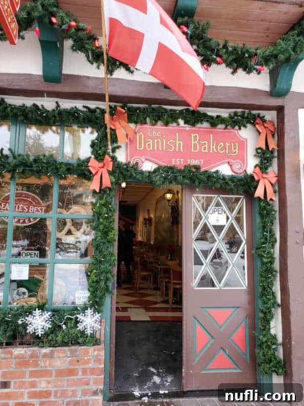 The Danish bakery sign, festive with holiday decorations.