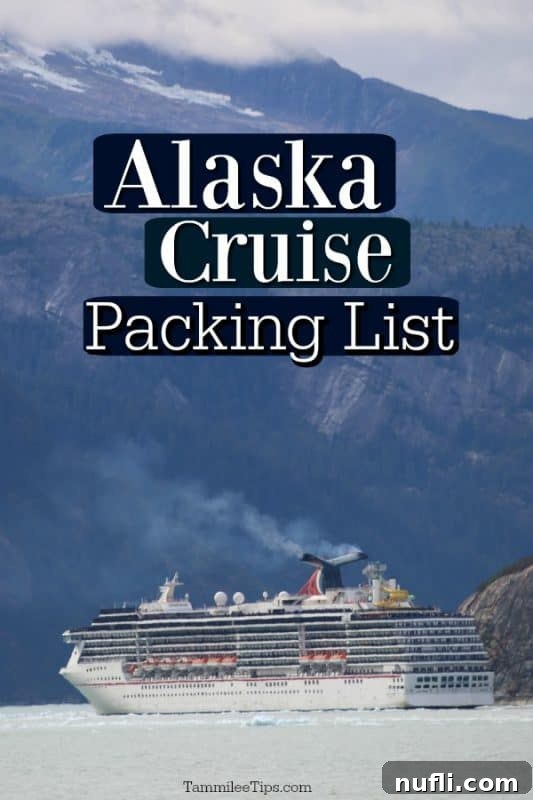 Carnival Cruise ship with Alaska mountains in the background. Alaska Cruise Packing List written on the photo 