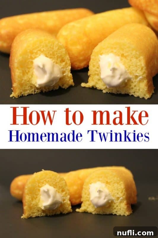 Make Your Own Twinkies 2 A homemade Twinkie cut in half, revealing its creamy white filling, on a pristine white background.