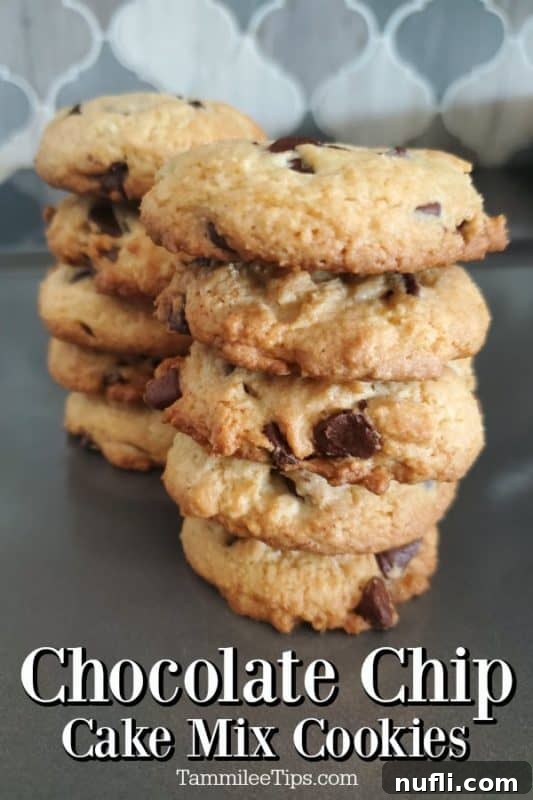 Easy Cake Mix Chocolate Chip Cookies 2 A beautiful stack of golden-brown cake mix chocolate chip cookies, perfectly baked and inviting.