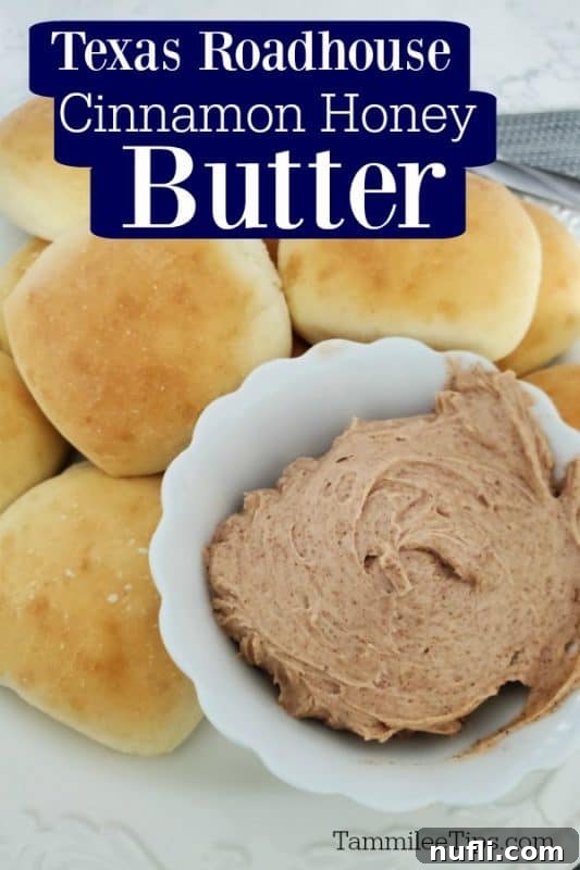 Texas Roadhouse Cinnamon Honey Butter over rolls and a white bowl with honey in it